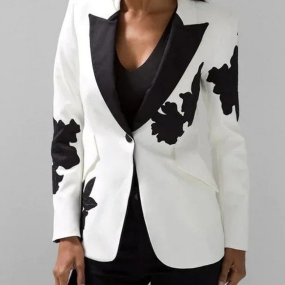 WHBM Tuxedo Editor Blazer White wBlack Floral Raised Texture Applique Rockstar - Picture 14 of 15